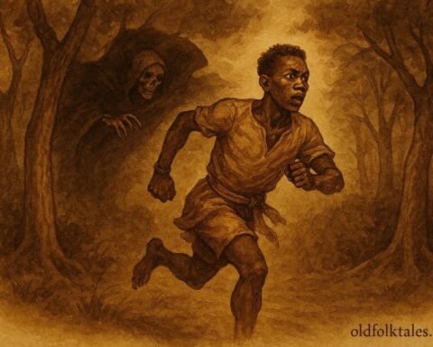 illustration of a man running through a forest at night, Beninese folktale scene.