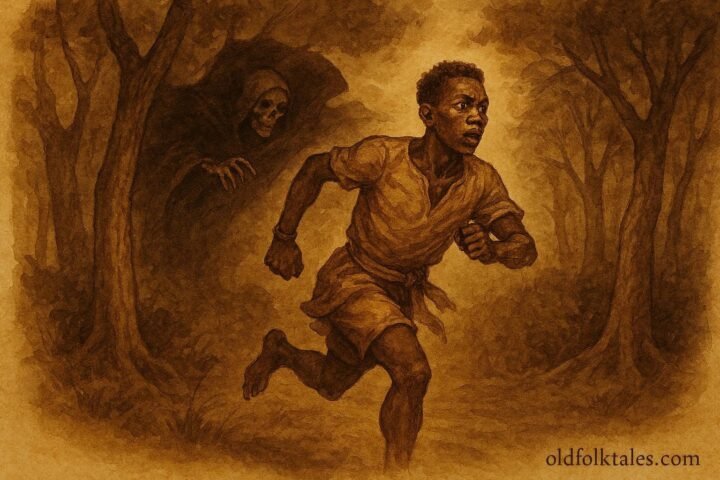 illustration of a man running through a forest at night, Beninese folktale scene.