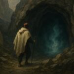 A man entering a dark cave believed to be inhabited by spirits in an Algerian folktale