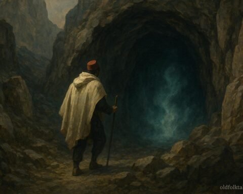 A man entering a dark cave believed to be inhabited by spirits in an Algerian folktale