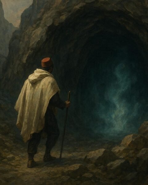 A man entering a dark cave believed to be inhabited by spirits in an Algerian folktale