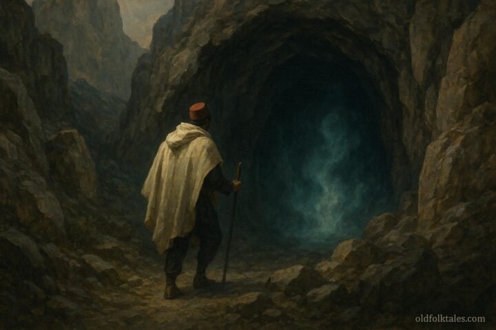 A man entering a dark cave believed to be inhabited by spirits in an Algerian folktale