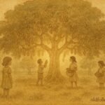 An illustration of sacred mango tree in Seychelles orchard with children gathering fruit respectfully.