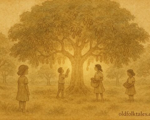 An illustration of sacred mango tree in Seychelles orchard with children gathering fruit respectfully.