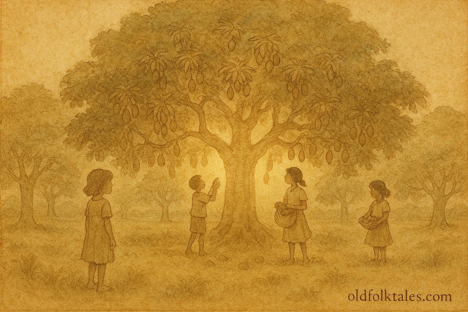 An illustration of sacred mango tree in Seychelles orchard with children gathering fruit respectfully.