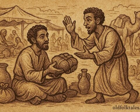 Merchant returning a lost bundle to its owner in a trade setting, Eritrean folktale scene