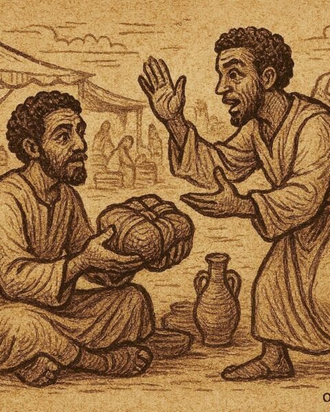 Merchant returning a lost bundle to its owner in a trade setting, Eritrean folktale scene