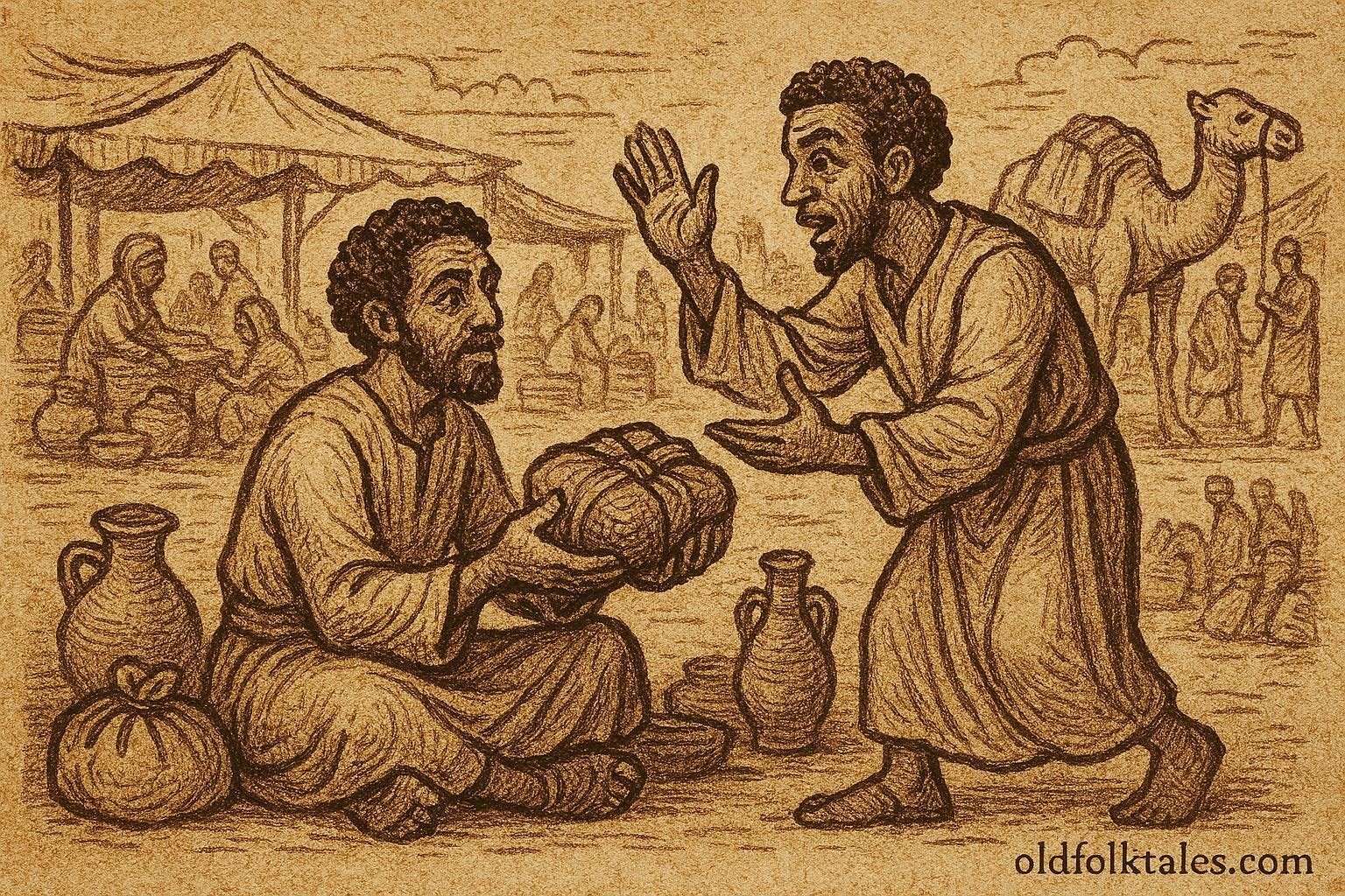 Merchant returning a lost bundle to its owner in a trade setting, Eritrean folktale scene