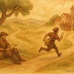 illustration of two messengers racing to deliver messages about life and death, Benin folktale scene.