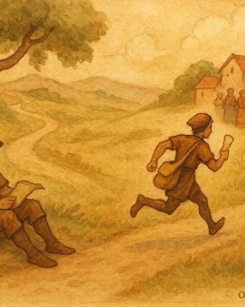 illustration of two messengers racing to deliver messages about life and death, Benin folktale scene.