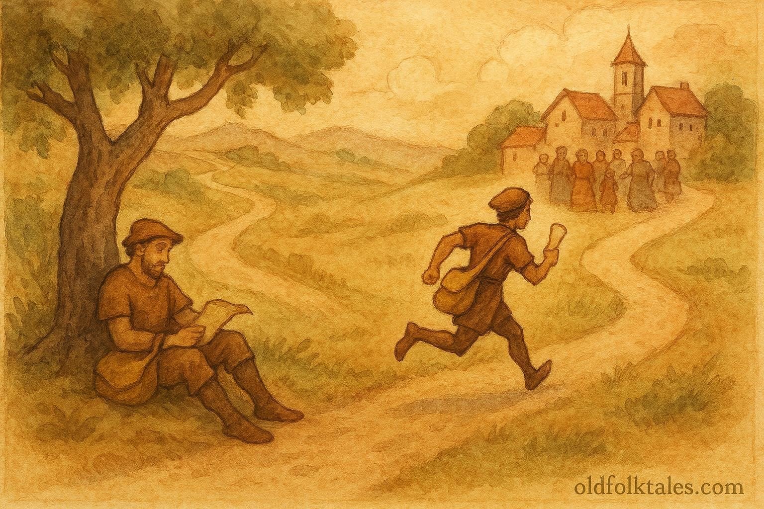illustration of two messengers racing to deliver messages about life and death, Benin folktale scene.