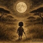 An illustration of child guided home by moonlight in Dinka landscape.