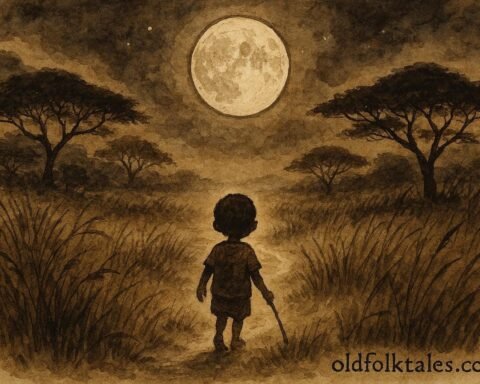 An illustration of child guided home by moonlight in Dinka landscape.