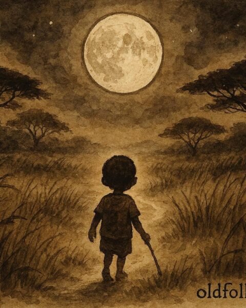 An illustration of child guided home by moonlight in Dinka landscape.