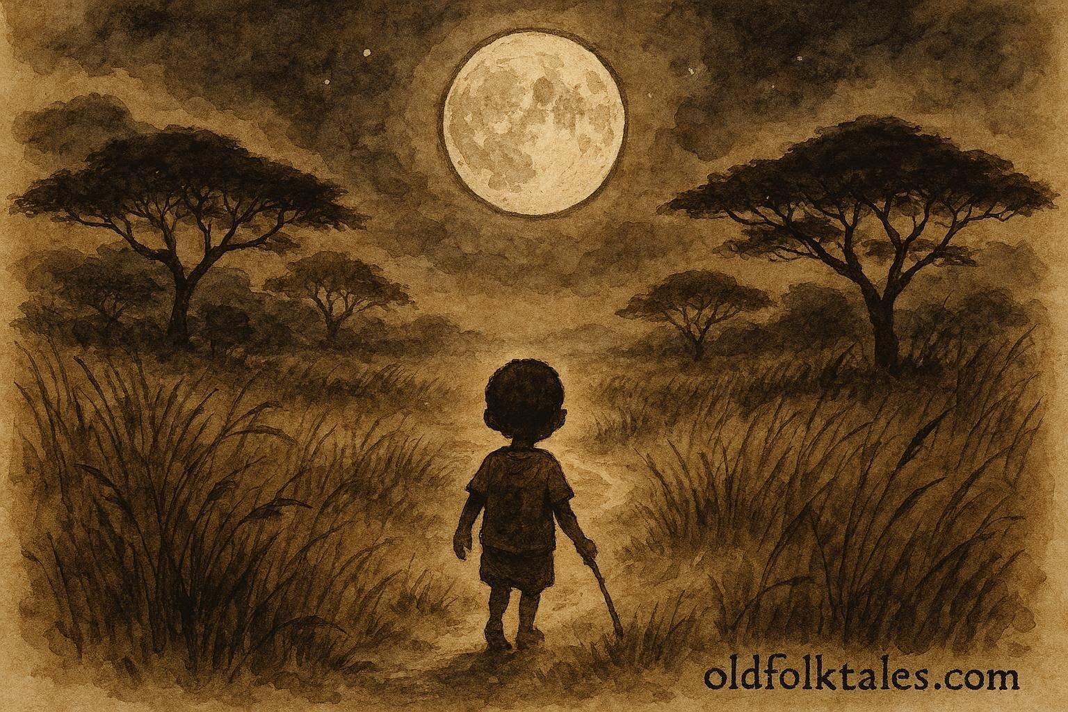 An illustration of child guided home by moonlight in Dinka landscape.