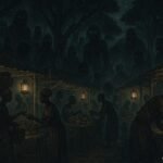 A glowing night market in a forest where humans and hidden spirits trade in a Cameroonian folktale