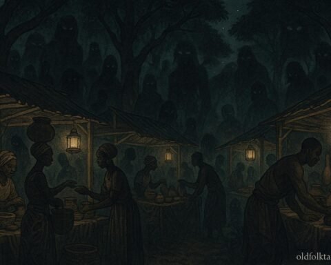 A glowing night market in a forest where humans and hidden spirits trade in a Cameroonian folktale