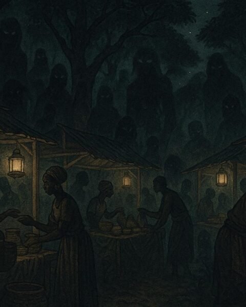 A glowing night market in a forest where humans and hidden spirits trade in a Cameroonian folktale