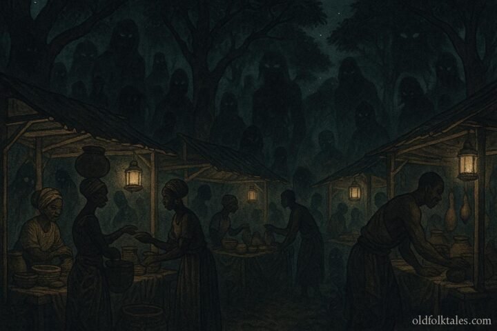 A glowing night market in a forest where humans and hidden spirits trade in a Cameroonian folktale