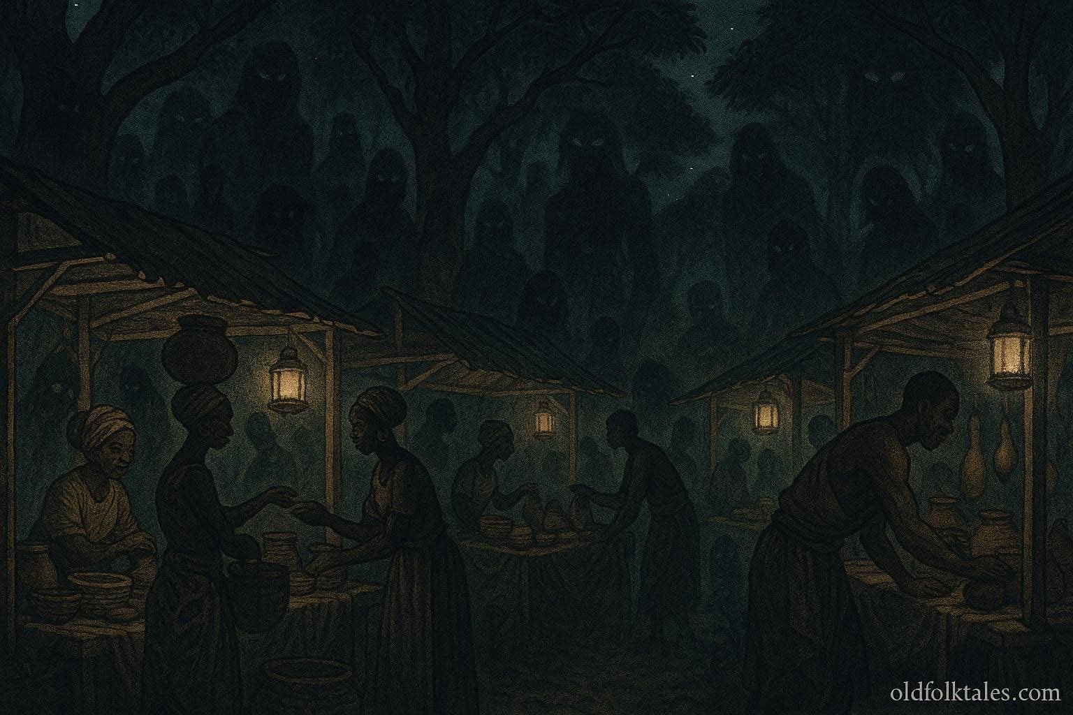 A glowing night market in a forest where humans and hidden spirits trade in a Cameroonian folktale