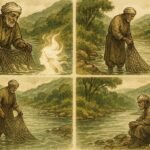 An illustration of fisherman encountering river spirit and learning humility by Algerian river.
