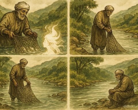 An illustration of fisherman encountering river spirit and learning humility by Algerian river.