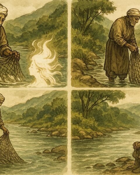 An illustration of fisherman encountering river spirit and learning humility by Algerian river.