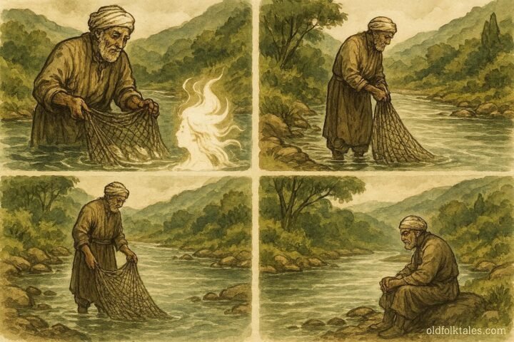An illustration of fisherman encountering river spirit and learning humility by Algerian river.
