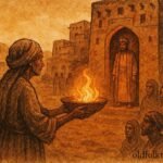 An illustration of old woman confronting greedy neighbor over fire, Libyan village folktale.