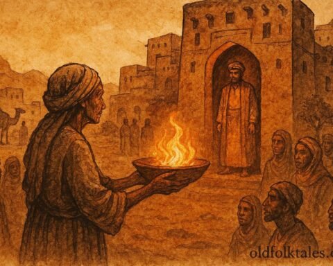 An illustration of old woman confronting greedy neighbor over fire, Libyan village folktale.