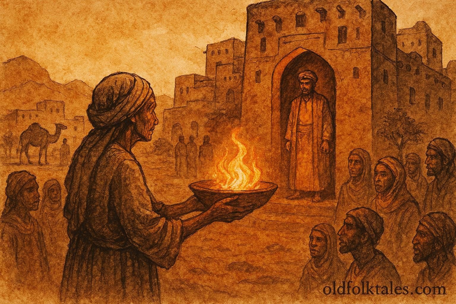 An illustration of old woman confronting greedy neighbor over fire, Libyan village folktale.