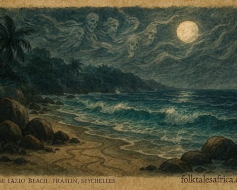 An illustration of ghost pirate whispers luring treasure seekers on Anse Lazio beach in Seychelles.