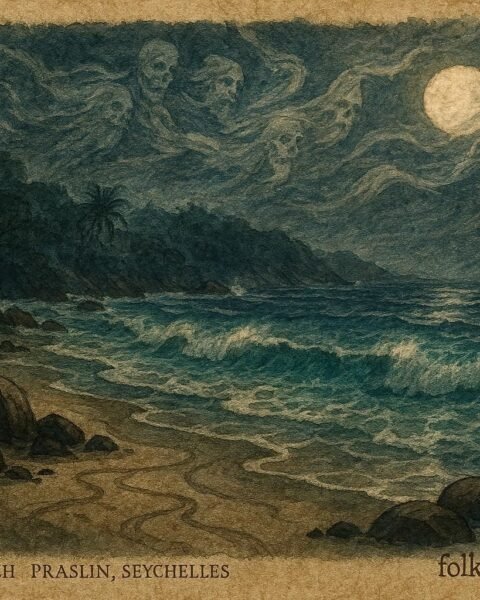 An illustration of ghost pirate whispers luring treasure seekers on Anse Lazio beach in Seychelles.