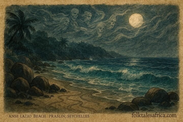 An illustration of ghost pirate whispers luring treasure seekers on Anse Lazio beach in Seychelles.