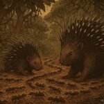 Porcupines surrounded by large groups of marching war ants in a forest setting