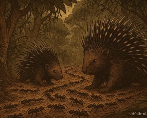 Porcupines surrounded by large groups of marching war ants in a forest setting