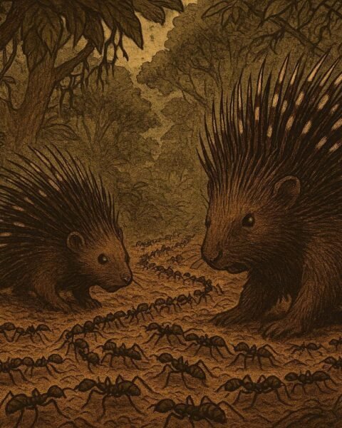 Porcupines surrounded by large groups of marching war ants in a forest setting