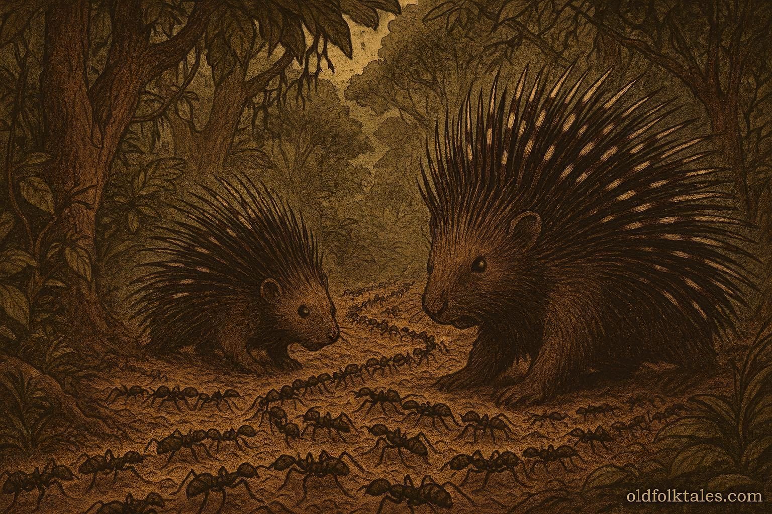 Porcupines surrounded by large groups of marching war ants in a forest setting