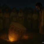 The villagers uncover glowing drum exposing thief in Ethiopian folktale scene.