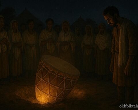 The villagers uncover glowing drum exposing thief in Ethiopian folktale scene.