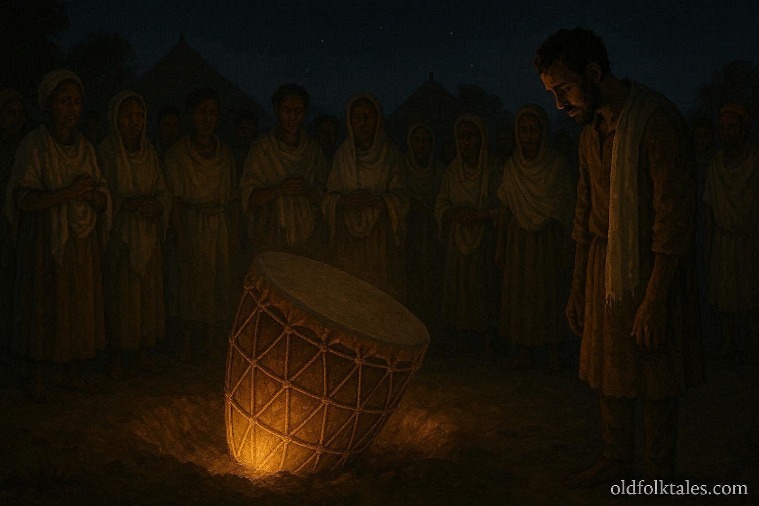 The villagers uncover glowing drum exposing thief in Ethiopian folktale scene.