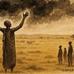 An illustration of Dinka rainmaker calling rain over dry South Sudan landscape.