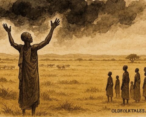 An illustration of Dinka rainmaker calling rain over dry South Sudan landscape.