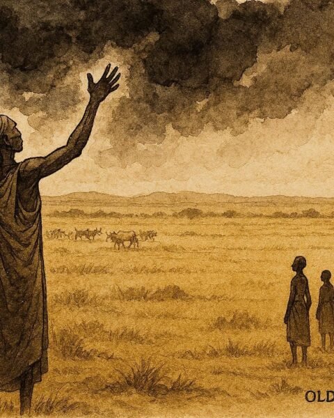 An illustration of Dinka rainmaker calling rain over dry South Sudan landscape.