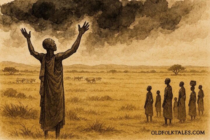 An illustration of Dinka rainmaker calling rain over dry South Sudan landscape.