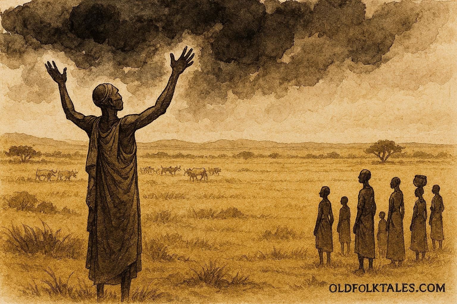 An illustration of Dinka rainmaker calling rain over dry South Sudan landscape.