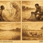 An illustration of fisherman meeting river spirit and later facing empty nets in Dinka riverland.