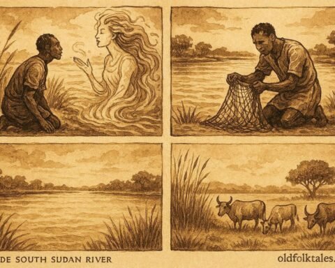 An illustration of fisherman meeting river spirit and later facing empty nets in Dinka riverland.