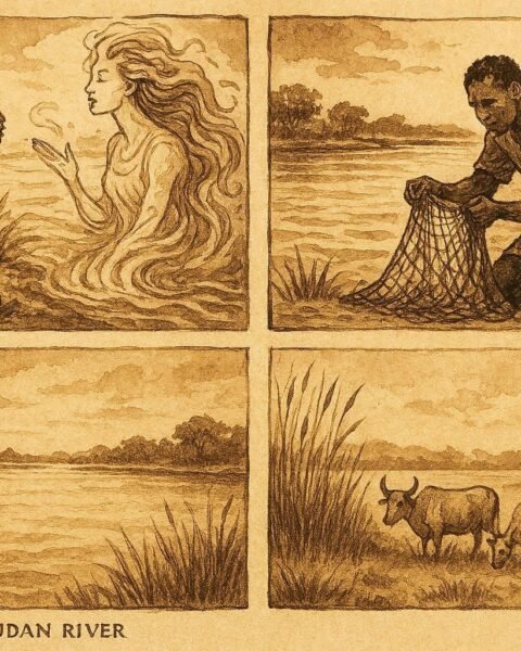 An illustration of fisherman meeting river spirit and later facing empty nets in Dinka riverland.
