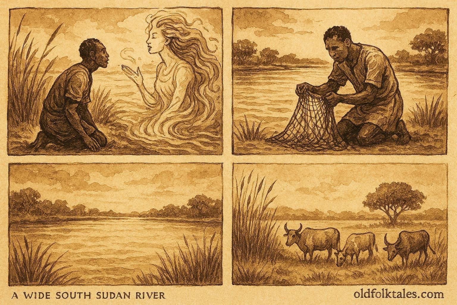 An illustration of fisherman meeting river spirit and later facing empty nets in Dinka riverland.